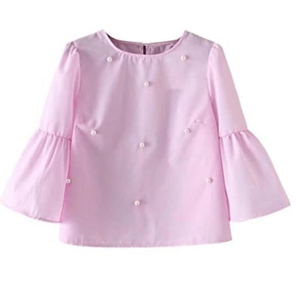 NWT! Zara Light Pink Bell Sleeve Pearl Embellished Flowy Coquette Top XS - Picture 1 of 13
